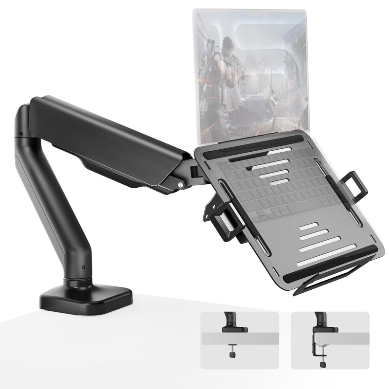 monTEK 2-in-1 Laptop & Monitor Desk Mount, Fits 12–18"Laptops & 32" Screens | 2-in-1 Desk Mount with Removable Vented Laptop Tray, Full Motion Arm with Clamp/Grommet Base, 75/100 VESA Mount Single Arm