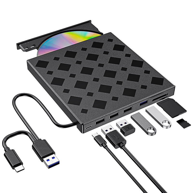 [AUSTRALIA] - 8-in-1 External DVD Drive USB 3.0 Type-C CD Burner with SD/TF Card Reader & USB Hub, Plug & Play Portable CD/DVD +/-RW Drive for Laptop Desktop PC, Compatible with Windows Mac OS, Linux 8 IN 1 Diamond Shape 