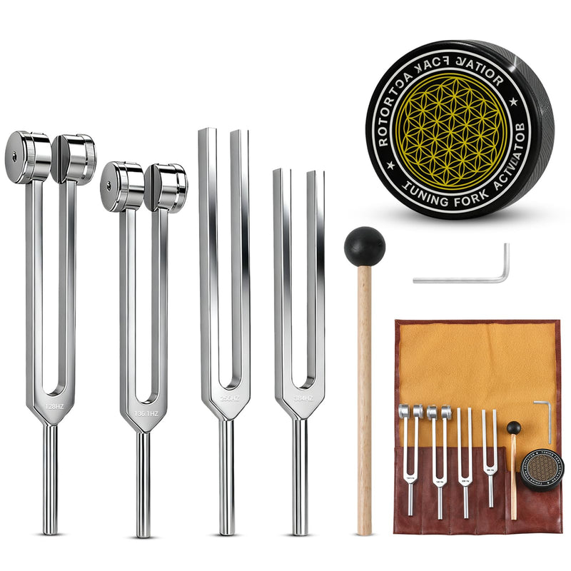 [AUSTRALIA] - Tuning Forks for Healing Set (128Hz, 136.1Hz, 256Hz, 384Hz) with Activator & Wooden Mallet, Chakra Healing, Sound Therapy, Reiki, Yoga, Energy Balancing Tools 
