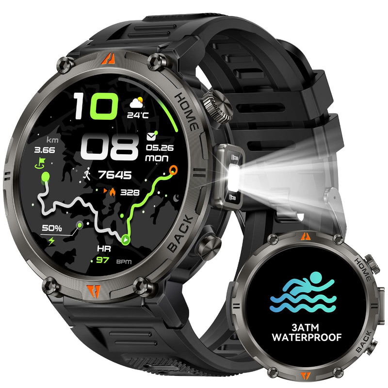Military Smart Watch for Men, GPS Watch with Flashlight 3ATM Waterproof | Rugged Tactical Smartwatch with Bluetooth Calling Compass 1.45'' HD Sports Watch Fitness Watch Compatible with iPhone Samsung BK