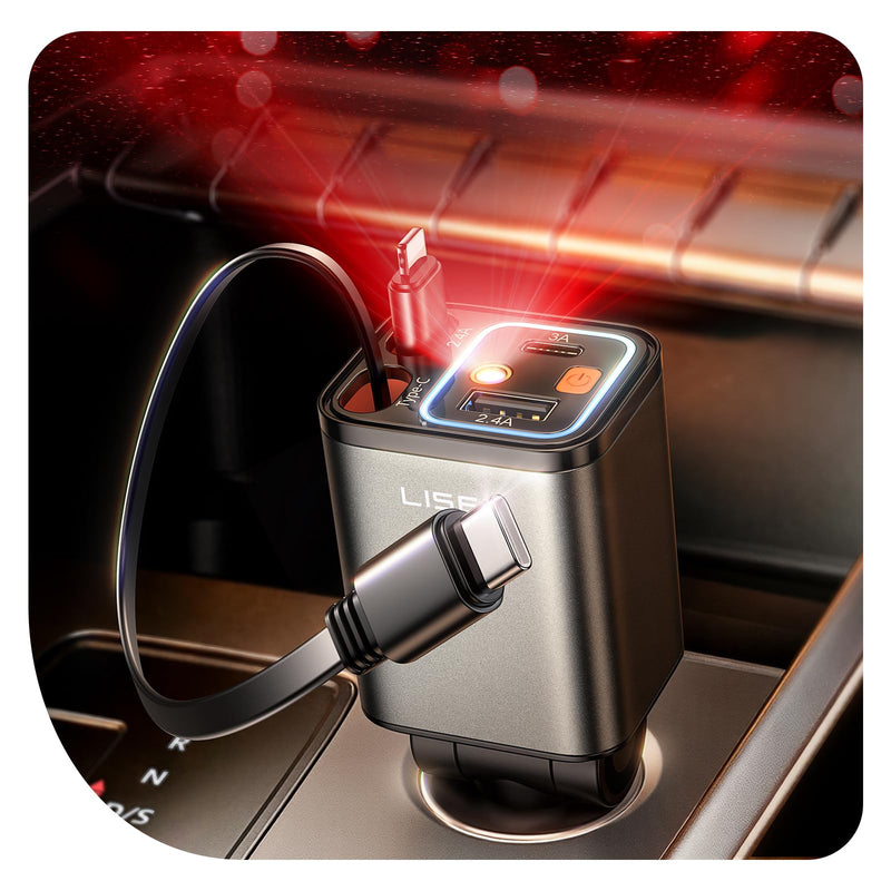 LISEN 4 in 1 Starlight Retractable Car Charger, 75W USB C Cigarette Adapter Fast Charging, Starlight Retractable Car Accessories for Women Mom, for iPhone 17 Pro Max Air 16 15 14 13 12