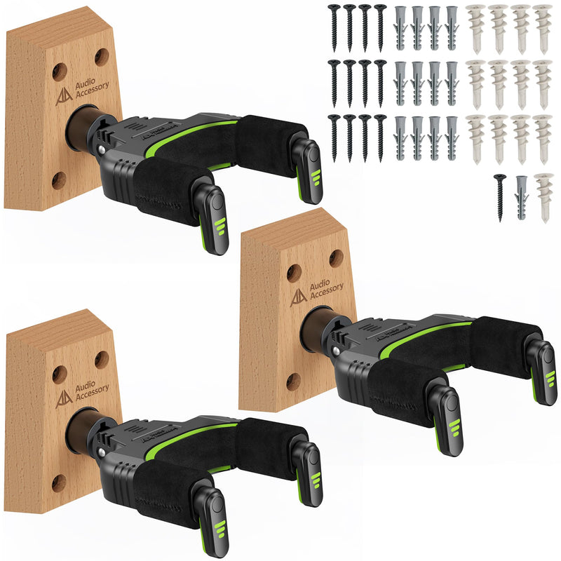 [AUSTRALIA] - Auto Lock Guitar Wall Mount 3-Pack, Reinforced 4-Screw Base, Locking Guitar Hanger for Heavy Bass, Electric, Acoustic Guitar, Soft Velvet Contact Surface to Protect Nitro Lacquer 3 Pack 
