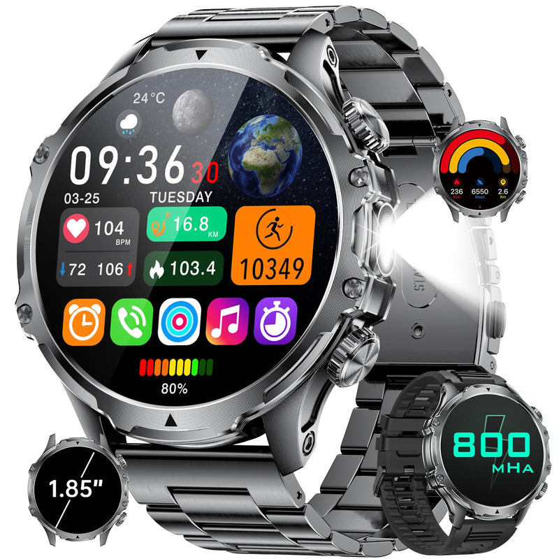 Military Smart Watch for Men, 1.85'' HD Large Screen Smartwatch, 800mAh/LED Flashlight/IP68 Waterproof/Pedometer/100+ Sports Fitness Tracker, Mens Smart Watches for Android iOS, Black