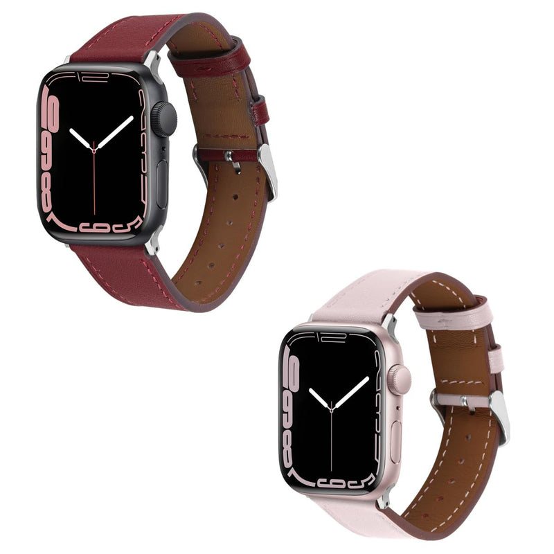 2 Pack Leather Watch Bands Women Men Compatible with Apple Watch(Red And Pink) 38/41/40/42/44/45/46/49mm, Iwatch Straps Smartwatch Replacement Band for Ultra 2/1 SE Serie 10 9 8 7 6 5 4 3 2 1