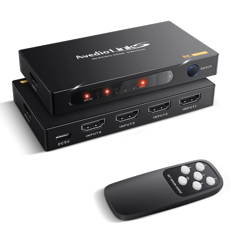 avedio links 8K HDMI2.1 Switch with Remote 5x1, 5 in 1 Out HDMI Splitter with Remote, Auto Switch HDMI Selector Box Support 4K@60Hz, HDCP2.3, HDR, 3D, for PS5, Xbox, Fire Stick, Blu-ray, HDTV 8K 60Hz 5 to 1