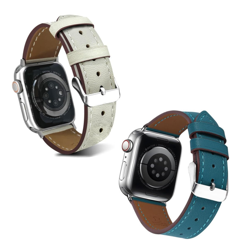 2 Pack Leather Bands Compatible with Apple Watch(Rice white and Blue) 40/38/41/42/44/45/46/49mm, Soft Leather Watch Replacement Band for Watch Series Ultra SE 10 9 8 7 6 5 4 3 2 1 for Women Men