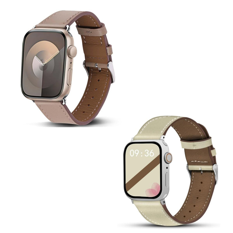 2 Pack Leather Band(Lightgray and Rice white) Compatible with Apple Watch Bands for Women Men 49/46/45/44/42/41/40/38mm, Soft Leather Replacement Strap for iWatch Ultra SE Series 10 9 8 7 6 5 4 3 2 1