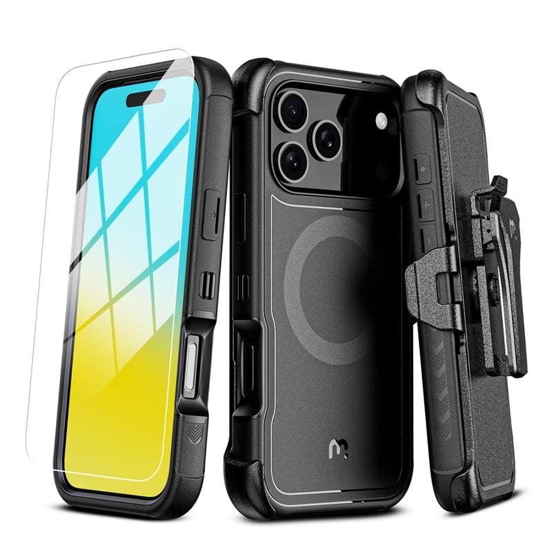 M MYBAT PRO for iPhone 17 Pro Case with Belt Clip Holster,[Compatible with Magsafe] w/Screen Protector,Anti-Drop,Shockproof,w 360°Rotating Kickstand,Heavy Duty Protection (Black) Black