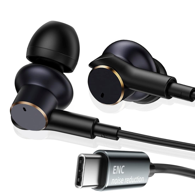 USB C Wired Headphones with Noise-Canceling Mic Powerful Bass In ear Earbud | Dual-Driver Noise-Isolating Wired Earbuds Call Noise Reduction,Type C Plug Deep Bass Earphones with DAC & HD Sound Black