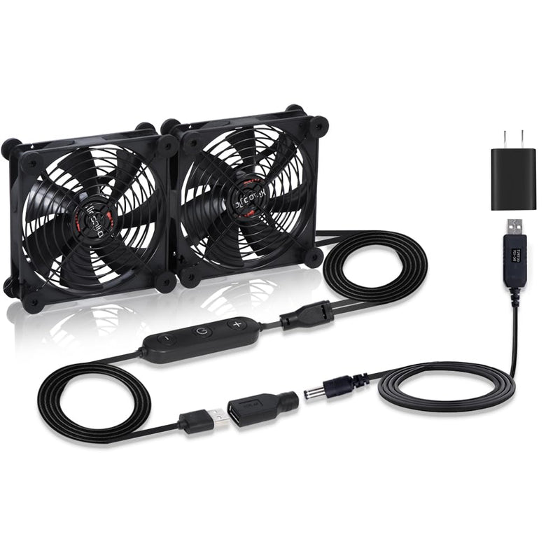 Dual Quiet 140mm Cooling Fan - USB 5V/DC 12V Dual Voltage, 10 Speed Adjustable, IPX5 Waterproof | Portable for PC, DVR, Router, TV Receiver, Tablet, Computer Cabinet, Greenhouse & Kennel Cooling