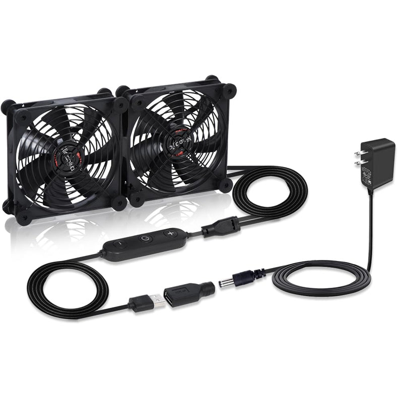 140mm Dual Quiet Cooling Fan - 10 Speed Adjustable (USB 5V/DC 12V), IPX5 Waterproof | Great for Router, TV Receiver, DVR, PC, Tablet, Computer Cabinet, Greenhouse, Kennel & More Cooling