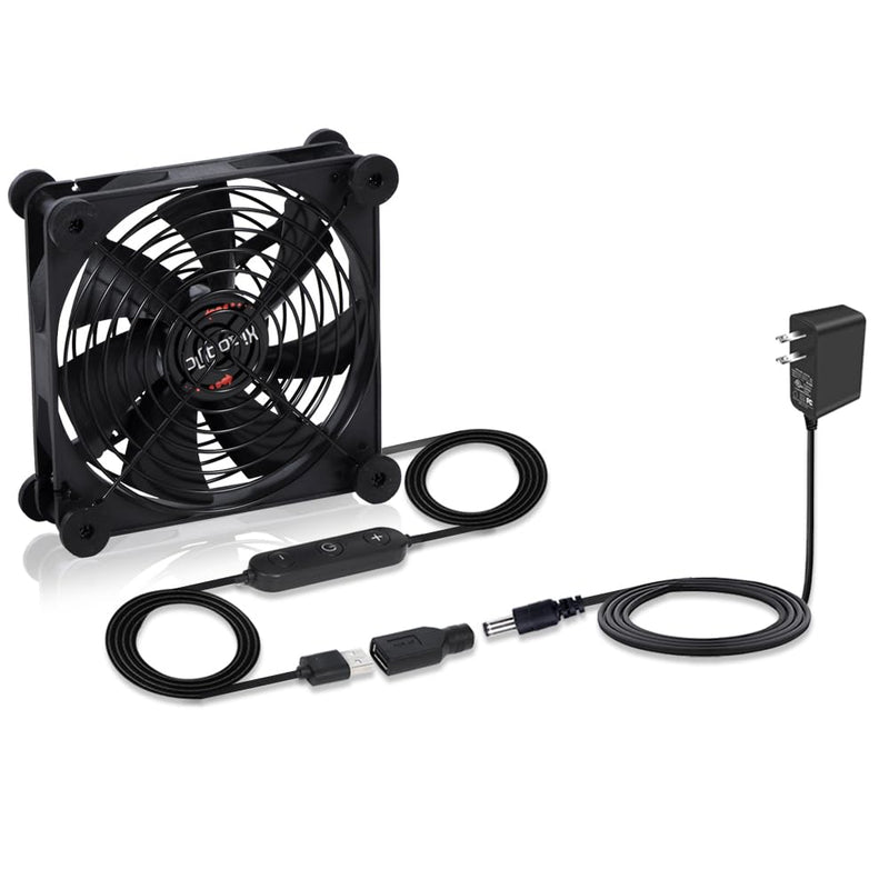 140mm Quiet Cooling Fan - 10 Speed Adjustable (USB 5V/DC 12V), IPX5 Waterproof Portable | Perfect for Router, DVR, TV Receiver, PC, Tablet, Computer Cabinet, Greenhouse, Kennel & More Component Coolin