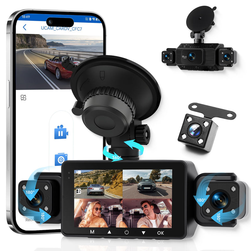 4 Channel 360° Dash Camera Front and Rear Inside Left Right, 3 Inch Dash Cam Support WiFi, Built-in Night Vision Sensitive Motion Detection 24/7 Recording Parking Mode Monitor Reversing Help 3 Inch with WiFi