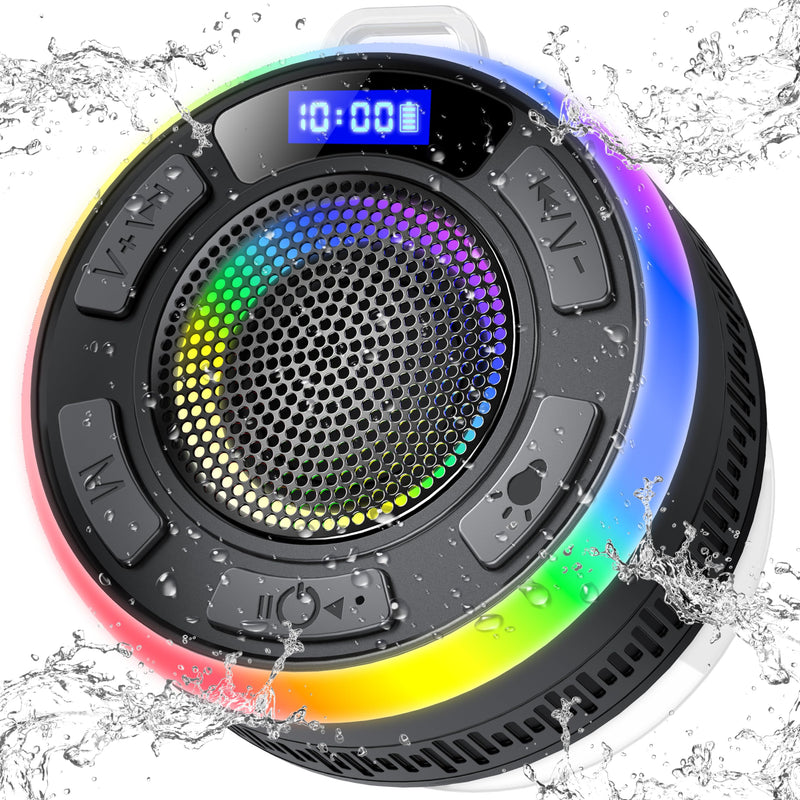 [AUSTRALIA] - Shower Bluetooth Speaker IPX7 Waterproof, Portable Bluetooth Speakers with Suction Cup and Time Display, Crystal Sound&Bass LED Light 1100mAh, Wireless Shower Speaker for Outdoor/Kayak/ Gifts/Beach Black 