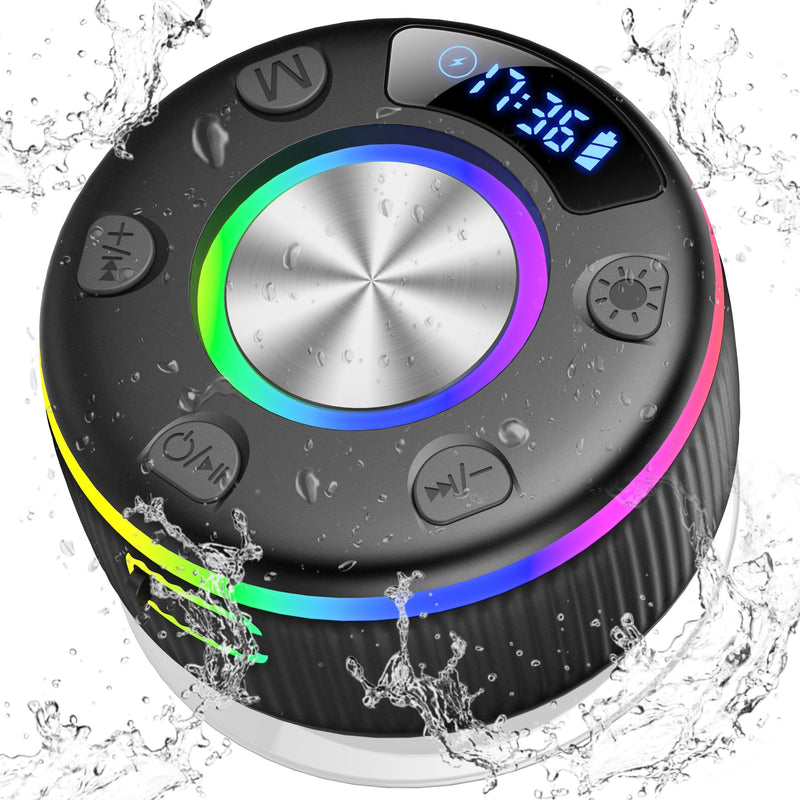 [AUSTRALIA] - Bluetooth Shower Speaker, Portable Bluetooth 5.3 Speakers Wireless with Time Display, IP7 Waterproof Speakers with RGB Light, Suction Cup, Mini Stereo Speaker for Bathroom Party Travel Beach Outdoor Jet Black 