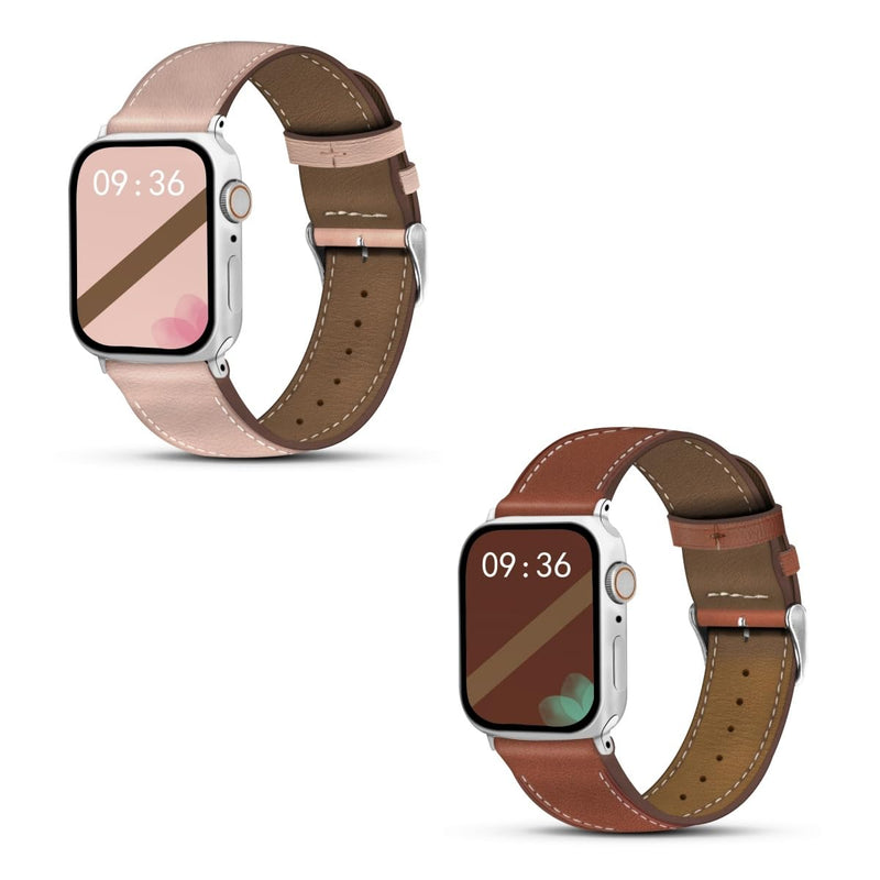 2 Pack Leather Band(Pink,Brown) Compatible with Apple Watch Bands for Women Men 49/46/45/44/42/41/40/38mm, Soft Leather Replacement Strap for iWatch Ultra SE Series 10 9 8 7 6 5 4 3 2 1
