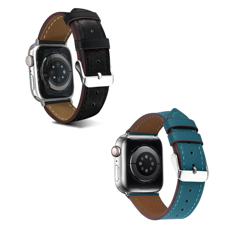2 Pack Leather Bands(Blue,Black) Compatible with Apple Watch Band 40/38/41/42/44/45/46/49mm, Soft Leather Watch Replacement Band for Watch Series Ultra SE 10 9 8 7 6 5 4 3 2 1 for Women Men