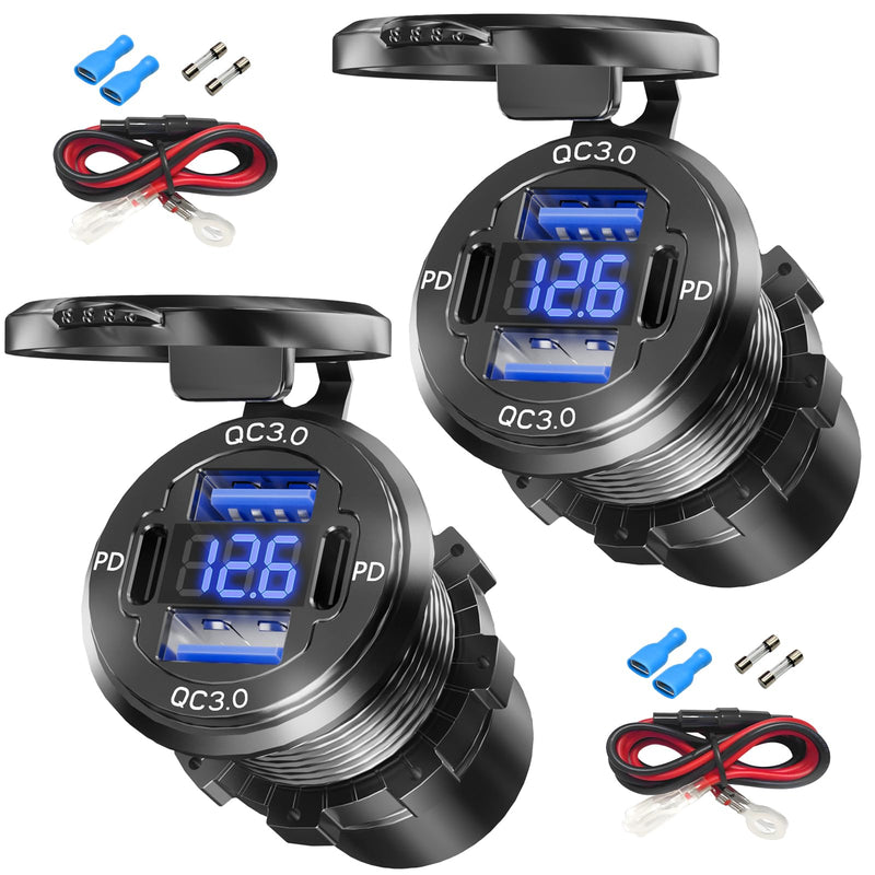 2PCS, Dual PD USB C Ports & Dual Quick Charge 3.0 Ports Car Charger Socket, VANONE Aluminum Alloy Waterproof 12V USB Outlet, Accessories for Car Boat Marine Motorcycle RV ATV Truck Golf Cart GSG2023-1M