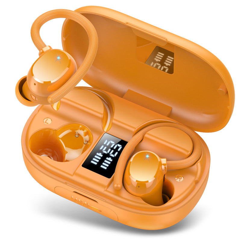Ear buds Wireless Bluetooth Earbuds Sport 2026 NEW Bluetooth 5.3 Headphones with LED Display 128H Playtime Powerful Bass Over Ear Earphones with Earhooks IP7 Waterproof for Gym/Running/Workout Orange