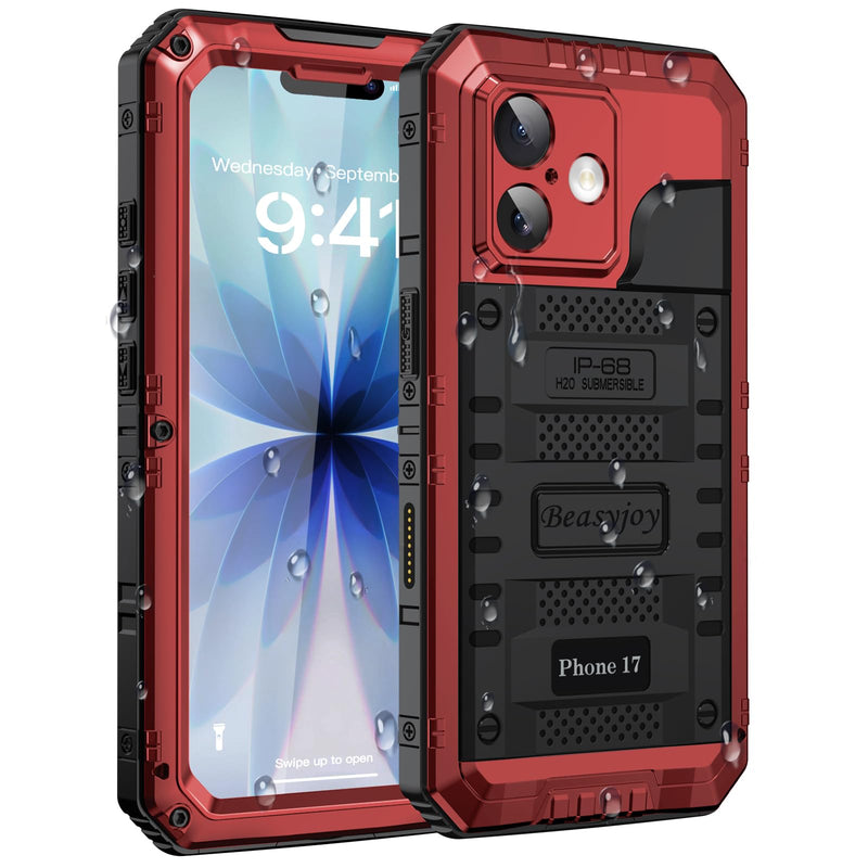 Beasyjoy for iPhone 17 Case Waterproof, Heavy Duty Metal Full Body Protection, Built-in Screen Protector, Military Grade Shockproof Dustproof Rugged Cover for iPhone 17 6.3 inch, Red