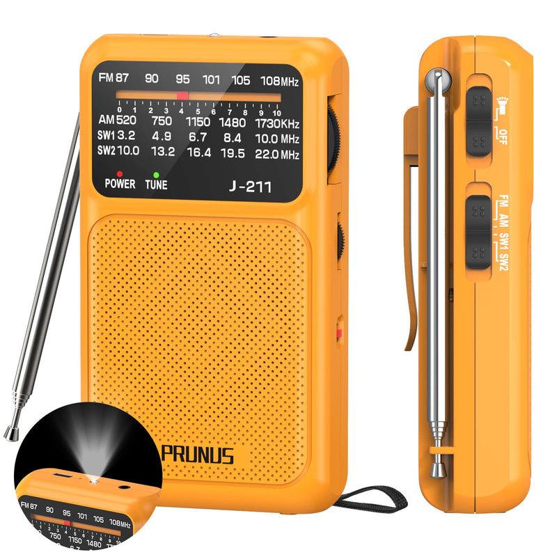 [AUSTRALIA] - PRUNUS J-211 Portable Radio AM FM with USB Charging and AA Battery Operated, Transistor Radio, Strong Reception& Clear Speaker, Headphone Jack, Back Clip, Lanyard, Small radios Portable AM FM Orange 