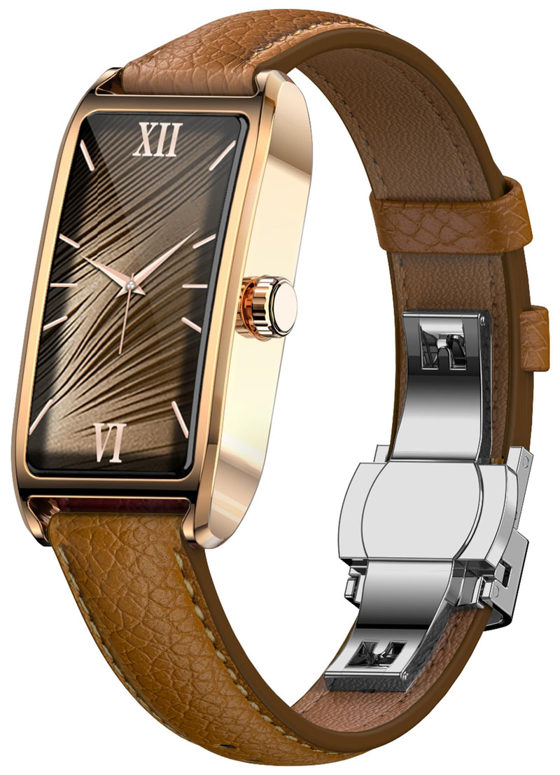 Fitness Tracker for Women Ladies Fitness Watch Dressy Leather Strap Alloy Case Luxury Fashion Heart Rate Monitor Sleep Tracker Pedometer Step Counter Waterproof Elegant Smart Watches for Womens Rose Gold Light Brown