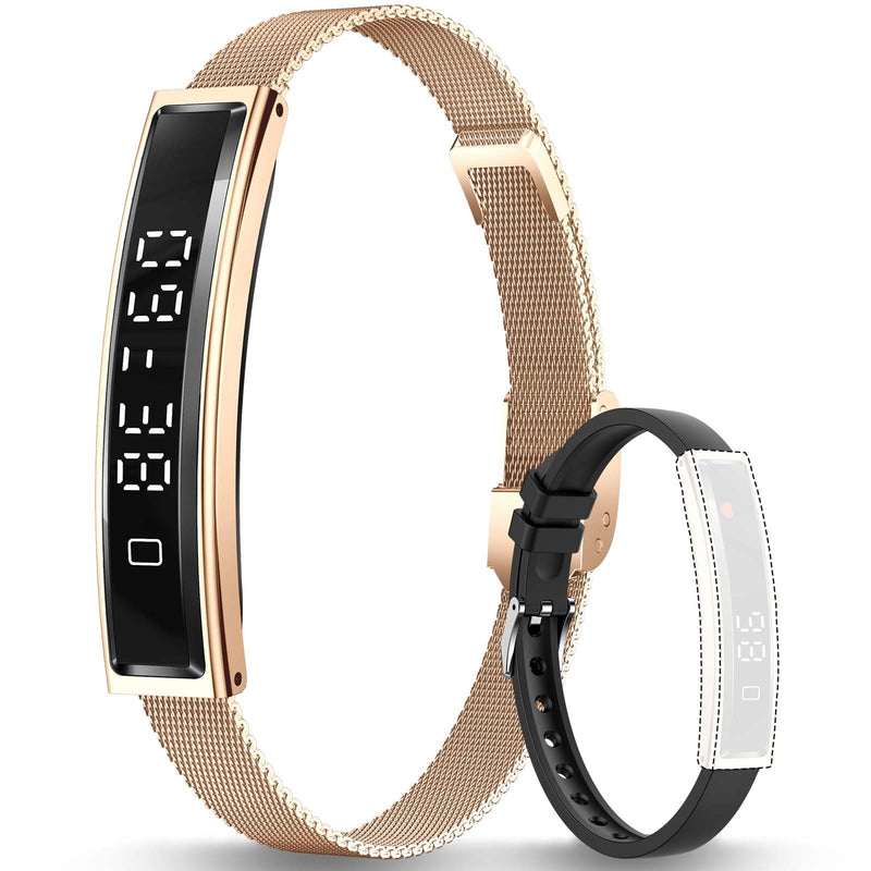 Fitness Health/Calorie Tracker with 2 Bands, Sleep Detection Bracelet Gold steel + black silicone