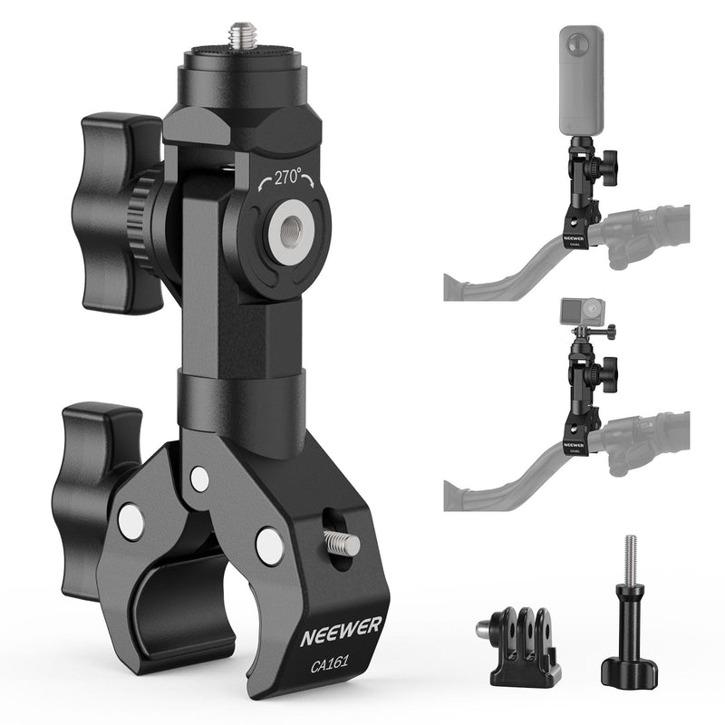 NEEWER Motorcycle Bike Handlebar Clamp Mount, Heavy Duty Clip Holder, 1/4" Screw & 3 Prong Adapter Compatible with Insta360 X5 X4 GoPro Hero 13 12 POV Video Recording, 360° Rotation & 270° Tilt, CA161