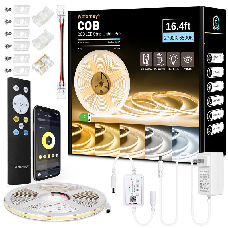 Wefomey COB LED Strip Light White, 16.5ft Dimmable 2700K-6500K High Density 3100LEDs 24V Flexible LED Tape Light with Remote and APP Control, for Under Cabinet Bedroom Kitchen DIY Lighting 16.4FT
