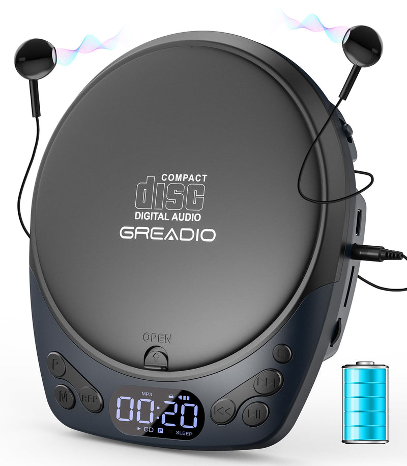 [AUSTRALIA] - Portable CD Player with Headphones, Rechargeable Discman CD Player for Car & Home, Small CD Players Portable with 60s Anti-Skip, Supports CD/MP3/WMA/TF Card/AUX, Backlit/Lock/Programmable/Timer Blue-CD Player with 1200mAh 
