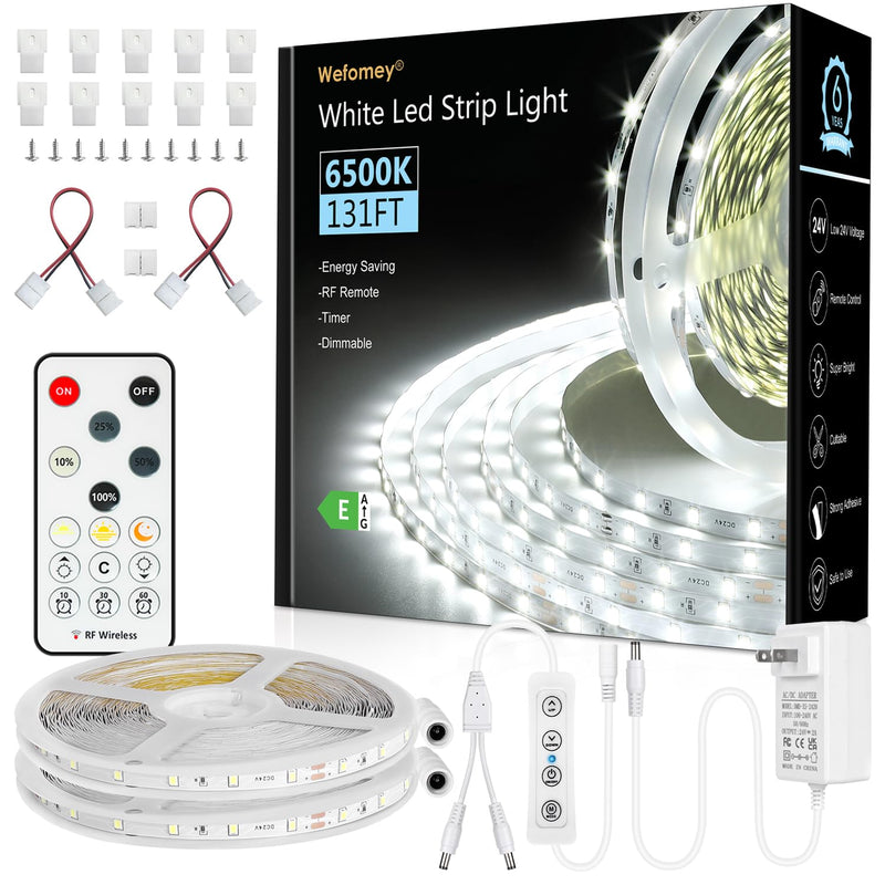 [AUSTRALIA] - Wefomey White LED Strip Lights, 131ft Dimmable 24V LED Lights Strip 6500K Bright Daylight White, Flexible Tape Lights for Bedrooms, Kitchen, Cabinet, Christmas Decor, 2 Rolls of 65.6ft 6500K Daylight White 
