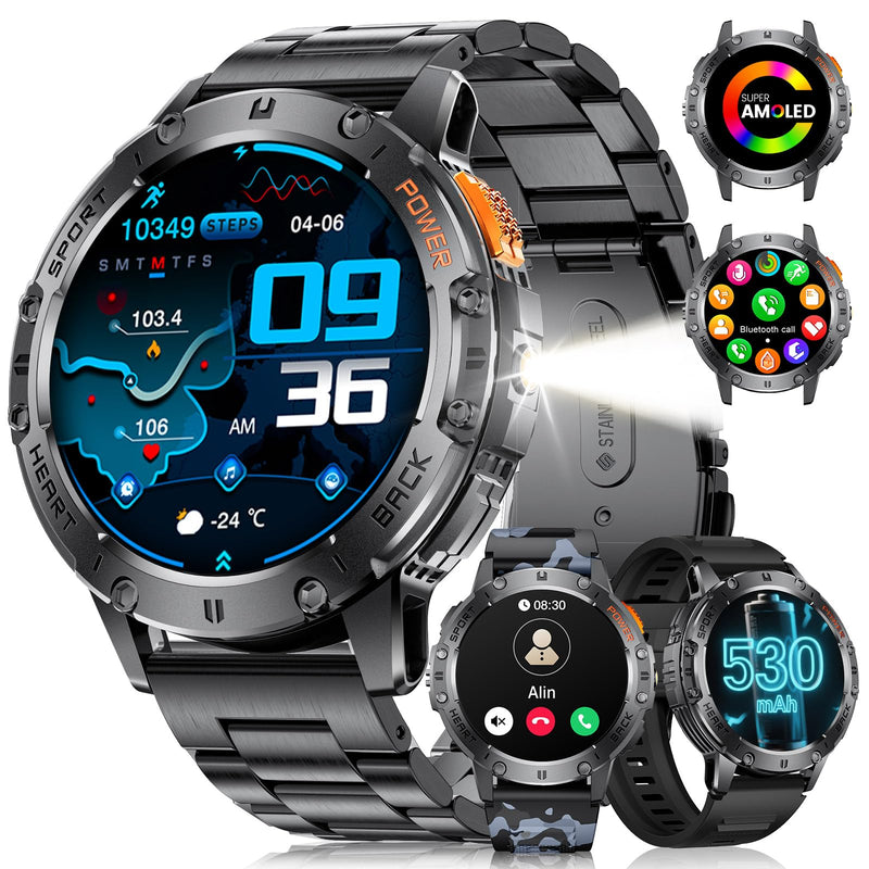 LIGE 1.43" AMOLED Smart Watch for Men with Flashlight, Bluetooth Calling, 100+ Sport Modes, 530mAh, IP68 Waterproof Fitness Tracker for Workout, iOS Android Compatible, Black Steel Camouflage Silicone