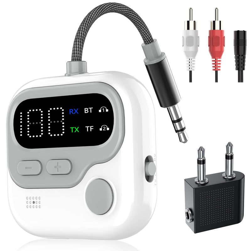 ELZO Bluetooth 5.4 Transmitter Receiver, 25hrs+ Battery Airplane Bluetooth Adapter for 2 Airpods/Headphones, 2-in-1 Airplane Travel Essentials Aux Adapter for Travel/TV/Car/Gym/Home Stereo