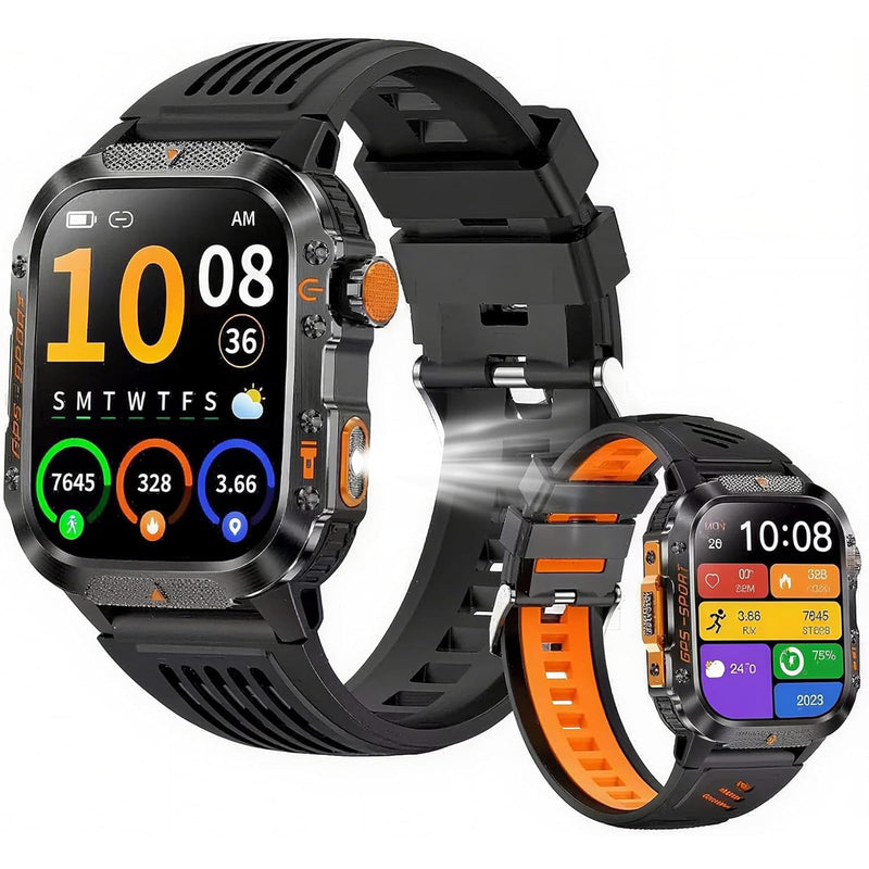 Military Fitness Tracker Smart Watch for Men, Square Black, 1.7" HD | Multiple Sports Modes, 600mAh Battery, IP68 Waterproof, SpO2 Monitor, Flashlight