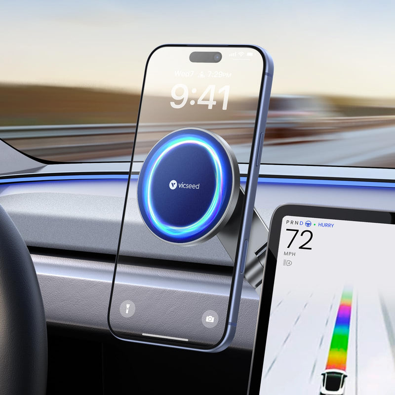 VICSEED Tesla Phone Mount【Strongest Magnet Power】 Foldable Hidden Tesla Phone Holder Fit for All Phones, Tesla Model 3/Y/Cybertruck Accessories, Tesla Model 3 Model Y for MagSafe Car Mount - Blue Deep Blue