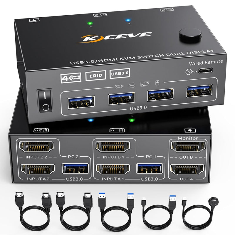 HDMI KVM Switch 2 Monitors 2 Computers 4K@60Hz, Simulation EDID, Dual Monitor KVM Switch 2 Port for 2 Computers Share 2 Monitors and 4 USB3.0 Devices, 2 HDMI USB Cables and Wired Controller Included black HDMI+HDMI 2 Computers