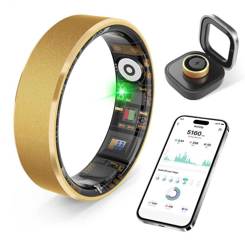 Smart Health Ring, Featuring Stress and Sleep Monitoring Functions, Compatible with iOS and Android, Waterproof Fitness Tracker for Women & Men, No Subscription Fee. (Gold, 8)