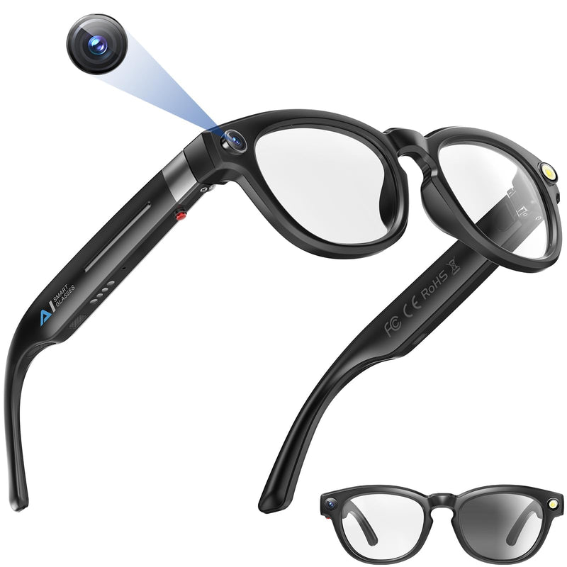 AI Smart Glasses with 1080P HD Camera, AI Real-Time Translation, Bluetooth Audio – Smart Glasses with Camera, Hands-Free Video Recorder for Travel, Sports, Outdoor Use (Black) Black