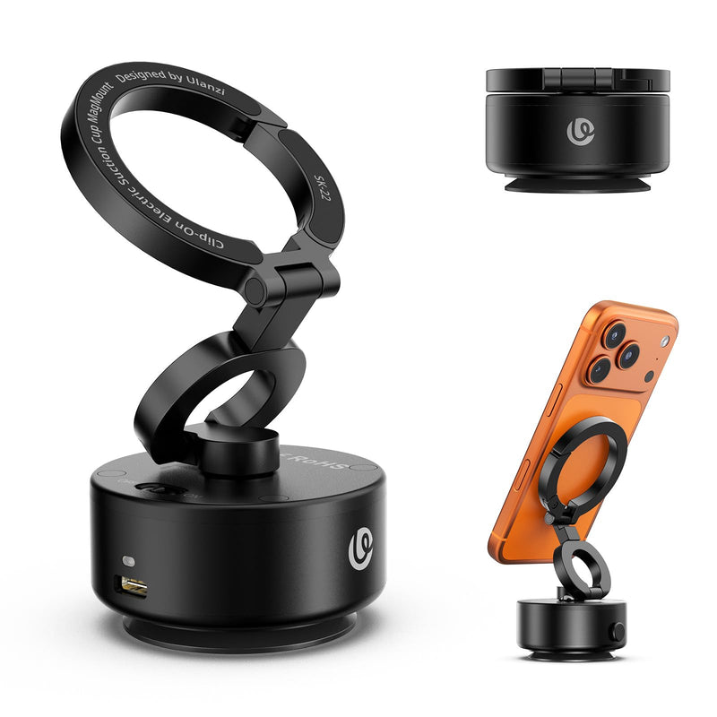 ULANZI SK22 Electric Phone Holder for Car, Vacuum Suction Magnetic Mount | Foldable 360° Adjustable for iPhone 17 Pro Max 16 15 Black, Hands-Free Portable Electric Phone Holder for Car GPS Vlog
