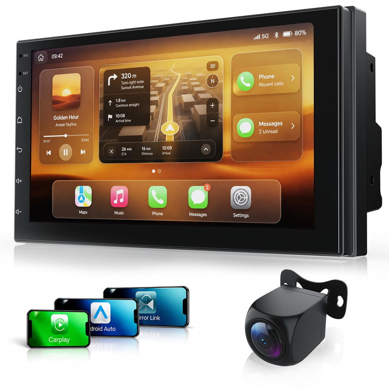 Haudio 7 Inch Double Din Car Stereo with Wireless Apple CarPlay & Android Auto, Android 13 Car Radio 2GB+32GB, GPS Navigation, Bluetooth, WiFi, Backup Camera, FM/RDS, Universal Double DIN Head Unit 7-inch 2+32G (with camera)