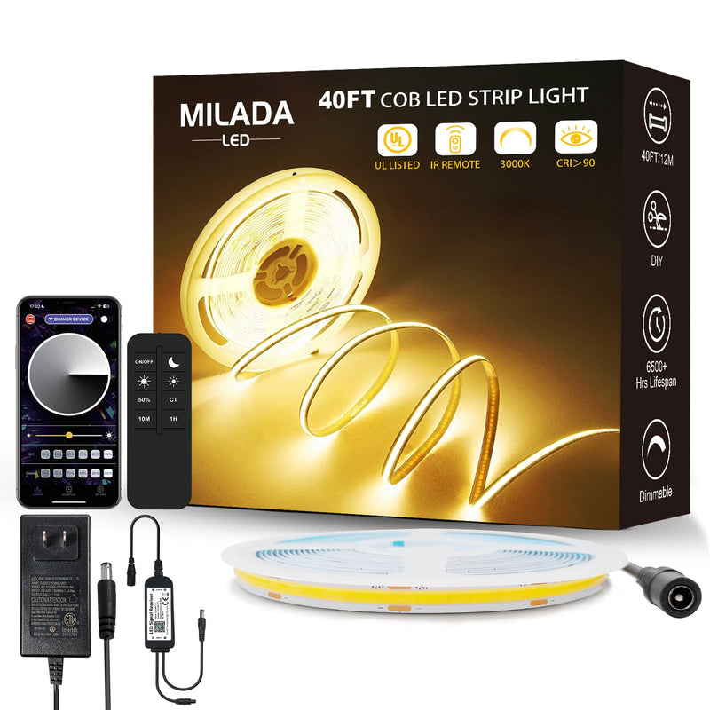 [AUSTRALIA] - COB LED Strip Light 3000K 40FT/12M warm white led strip Dimmable High Lumen Strip with IR Remote 24V UL Certified Adapter Suitable Adhesive Indoor COB LED Strip for Bedroom Living Room, Shelf, Cabinet 3000K-40FT 