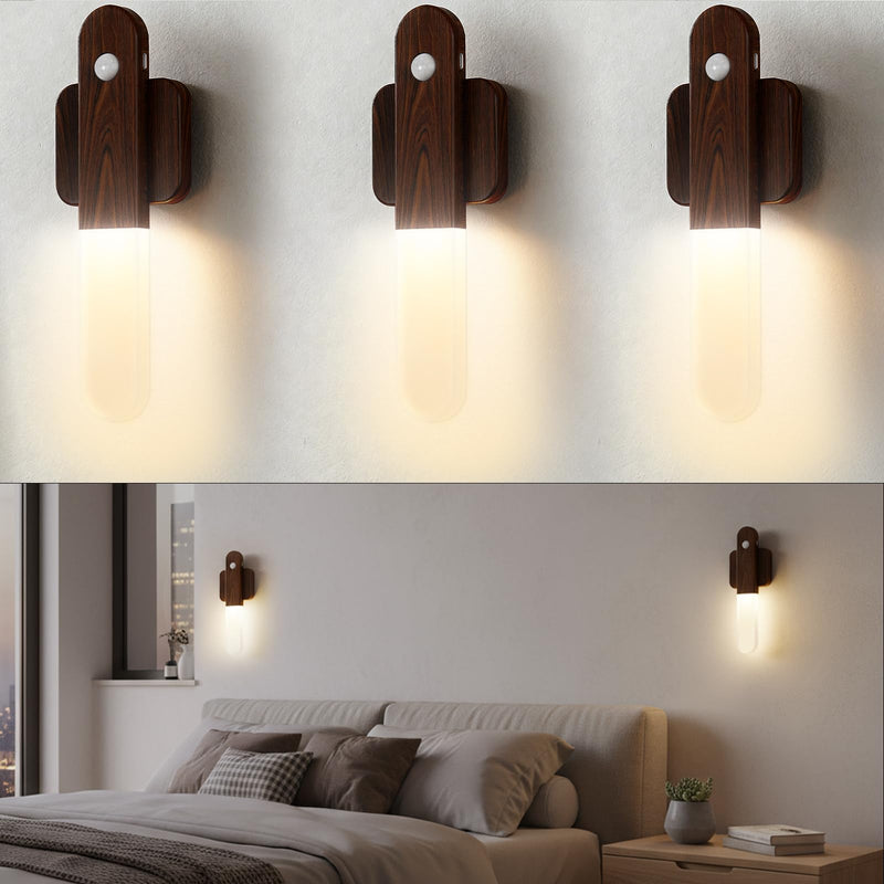 Battery Operated Motion Sensor Wall Sconces Set of 3, Motion Sensor Wall Light Wireless, Magnet Rechargeable LED Lights, Stairs Lights, Decor for Bedroom, Hallway, Living Room, Closet (Walnut Wood) Walnut Wood-3pcs（NEW）