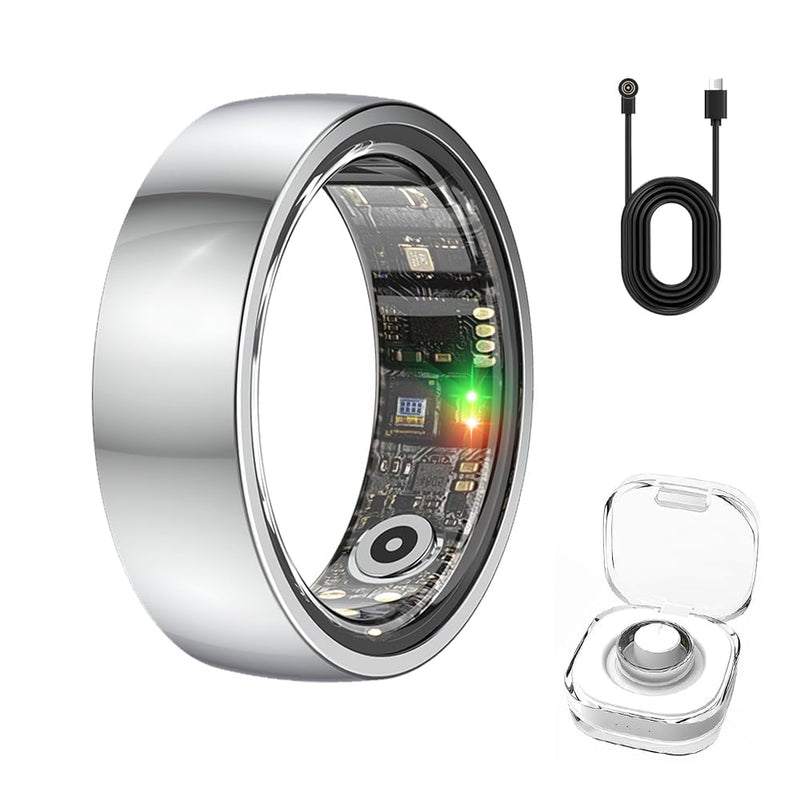 Smart Ring Fitness Tracker with GPS Route (Silver, #7) | Heart Rate Monitoring, Blood Oxygen, Sleep Monitoring, Waterproof, Family Care, Long Battery Charging Case, Free APP Silver