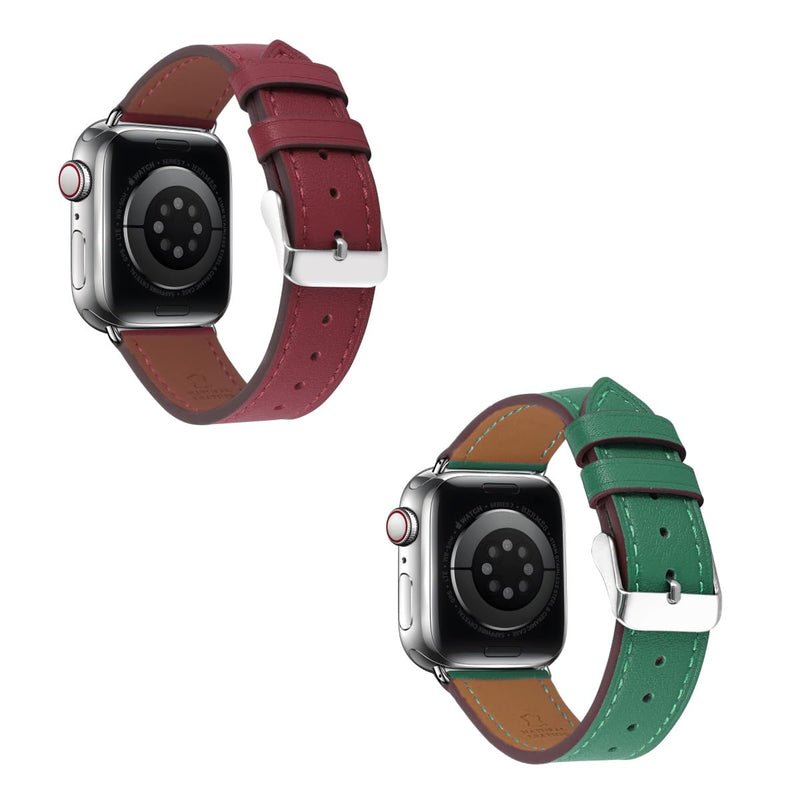 2 Pack Leather Bands(Red,Green) Compatible with Apple Watch 40mm 38mm 41mm 42mm 44mm 45mm 46mm 49mm, Soft Leather Watch Replacement Band for Watch Series Ultra SE 10 9 8 7 6 5 4 3 2 1 for Women Men