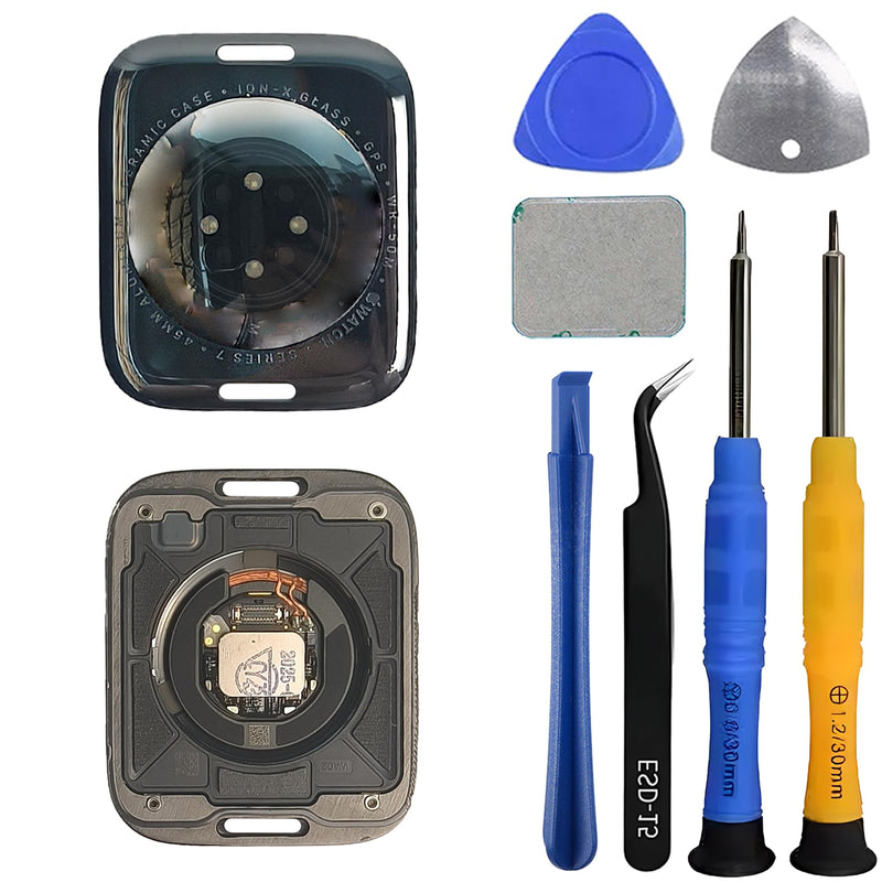 New Back Cover Glass Heart Rate Part Connector Con NFC Compatible with Apple Watch Series 7 45mm(Only for GPS) with Upgraded Repair Tools Kit