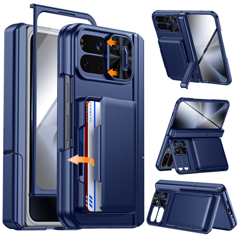 [AUSTRALIA] - CENMASO for Google Pixel 10 Pro Fold Case with Card Holder [RFID Blocking] Camera Cover, Hinge Protection, Dual Hidden Kickstand, Screen Protector, Shockproof Phone Case for Pixel 10 Pro Fold (Blue) Blue-wallet 