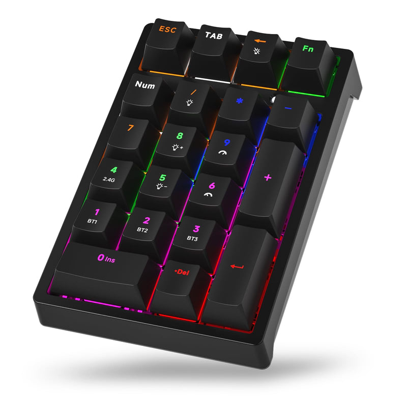 Wireless Numeric Keyboard | Mechanical Number Pad with RGB LED Backlit Wireless 2.4G/Bluetooth 5.0/Wired USB-C Rechargeable Numeric Keypad for Win/Mac Black
