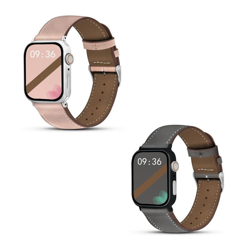 2 Pack Leather Band(Pink,Grey) Compatible with Apple Watch Bands for Women Men 49mm 46mm 45mm 44mm 42mm 41mm 40mm 38mm, Soft Leather Replacement Strap for iWatch Ultra SE Series 10 9 8 7 6 5 4 3 2 1