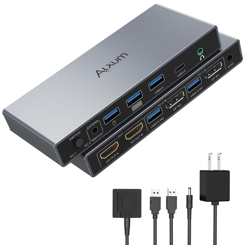 Alxum KVM Switch 2 Monitors 2 Computers Display Port with Wired Remote | 4K 60Hz 2 PC Dual Monitors KVM Switcher Displayport 4 USB 3.0 Port for Keyboard Mouse Printer,2 in 2 Out with Power Delivery
