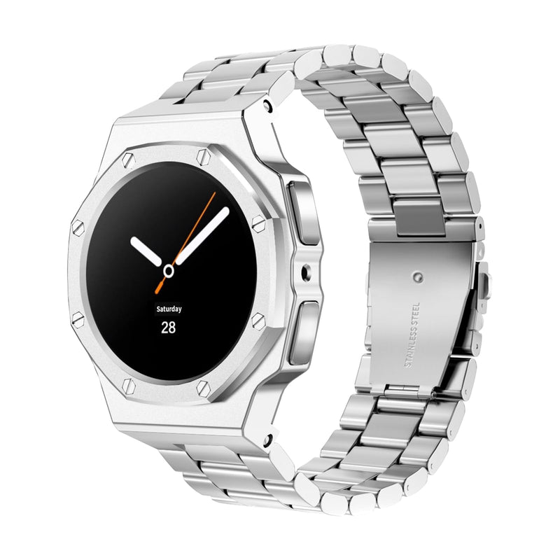 Case with Band for Samsung Galaxy Watch 9 8 44mm, Luxury Metal Face Cover with Tactical Stainless Steel Strap Military Protection for Men, Silver